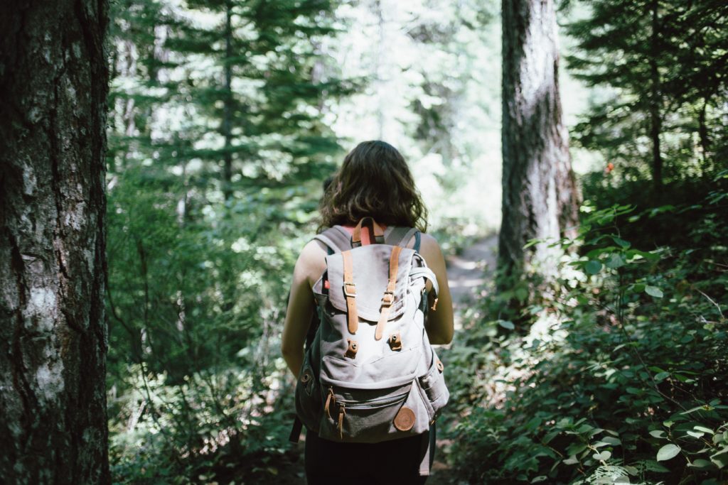 jeune femme avec sac à dos en randonnée dans la forêt